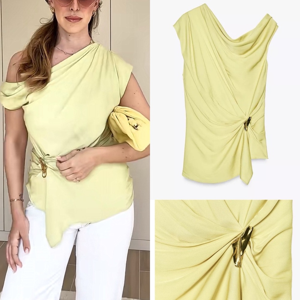 Zara NWT pale lime green ruched asymmetric gold brooch satin draped top